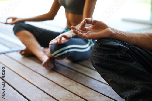 Hands, people and home to meditate for peace, calm and healthy for mindfulness or spirituality. Mental health, house and zen for activity or hobby with wellness, wellbeing and self care on break