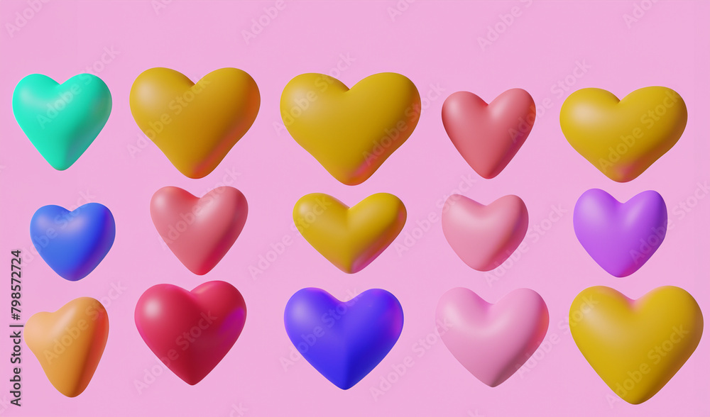 3d cartoon colorful heart shape toy collection, isolated on light pink background.
