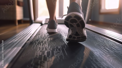 Close-up of running shoes in action on a treadmill, capturing a healthy lifestyle