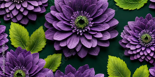 a close-up view of vibrant purple and green flowers, with detailed, layered petals on the purple flowers and a textured look on the green ones, all set against a dark background to 