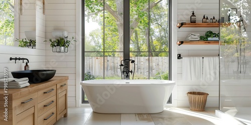 Modern Farmhouse Bathroom with Freestanding Tub  Wooden Shelves  and Natural Light