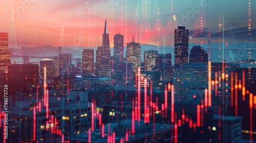 Multi exposure of abstract virtual financial graph hologram on San Francisco skyline background, forex and investment concept photo