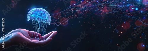 Hand Holding Blue Digital Lines Shaped Like Jellyfish Representing Data Technology