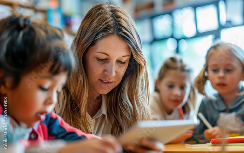 Multiethnic Female Teacher and Students Collaborate Using iPad for Classroom Learning