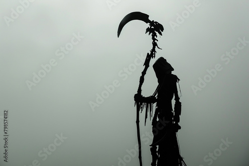 A single battle scythe, its silhouette sharp against the backdrop of white, a silent sentinel of war.