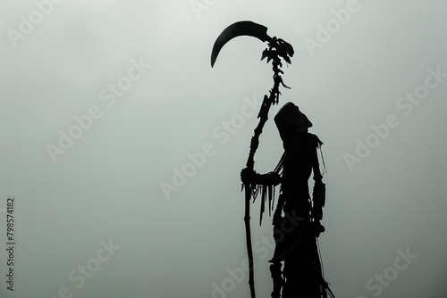 A single battle scythe, its silhouette sharp against the backdrop of white, a silent sentinel of war. photo