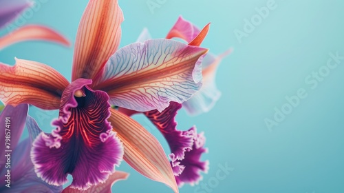 Macro Shot of a Laelia tenebrosa Orchid Flower in Purple Brown and Pink Tones on a Light Blue Background photo