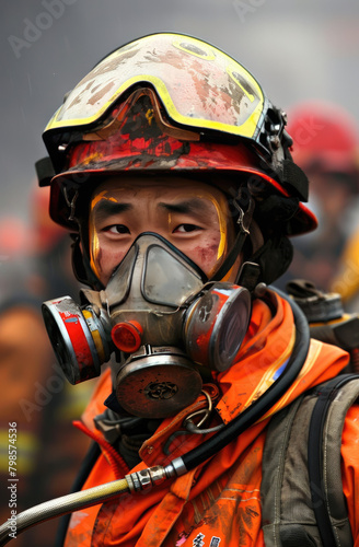 Chinese firefighter wearing full gear
