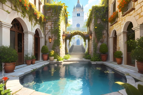 歴史ファンタジーゲーム背景イタリアベニス宮殿風プールのある春の中庭