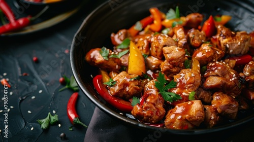 Spicy meat with peppers cooked in a wok. Pieces of chicken with red and yellow peppers in a black bowl on a dark background. Asian style food. photo