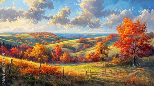 vibrant autumn landscape, rolling hills, crisp air , vibrant color