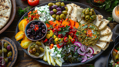 A colorful mezze platter featuring an array of Mediterranean-inspired appetizers such as hummus, tzatziki, falafel, stuffed grape leaves, olives, and roasted vegetables, served with warm pita bread, photo
