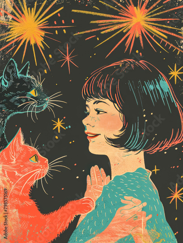 A Girl and Cats.  Generated Image.  A Fauvist style monocromatic retro digital illustration of a girl with cats with swirling energy and celestial elements. photo