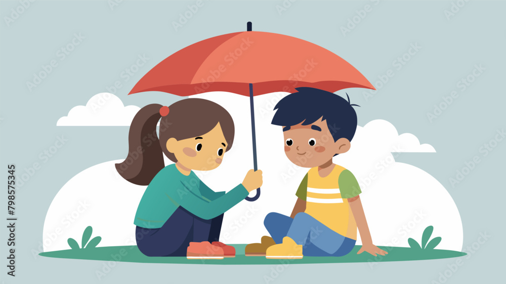A pair of siblings taking cover under an umbrella reminiscing about their childhood adventures and making plans for a future reunion.. Vector illustration A pair of siblings taking cover under an umbrella reminiscing about their childhood adventures and making plans for a future reunion.. Vector illustration