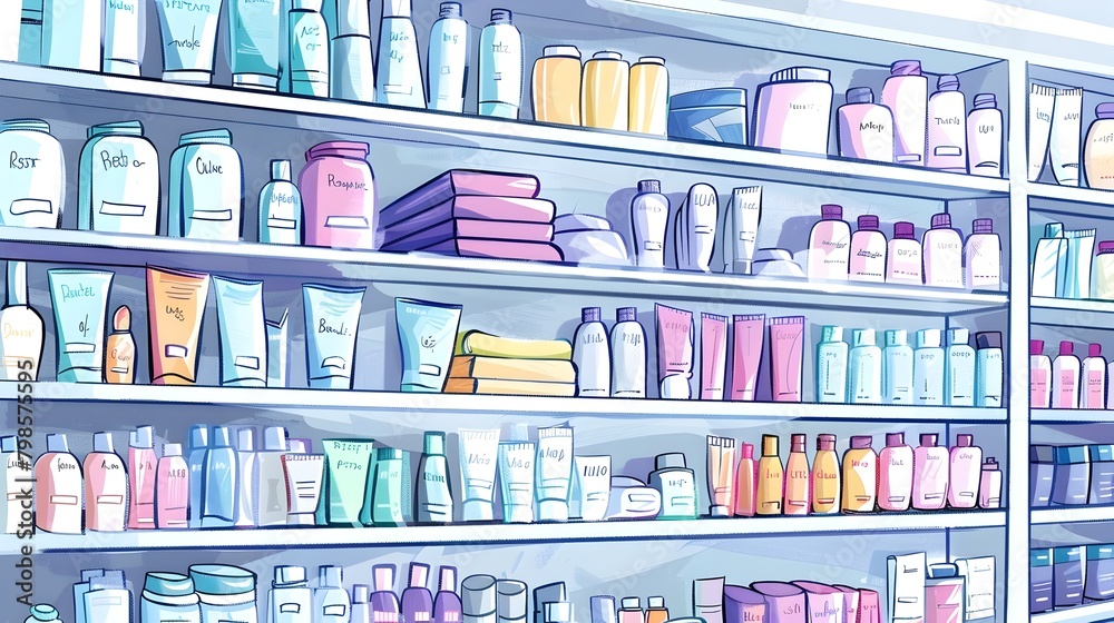 Inviting Drugstore Shelves Showcasing an Array of Vibrant Beauty and Skincare Products in a Whimsical