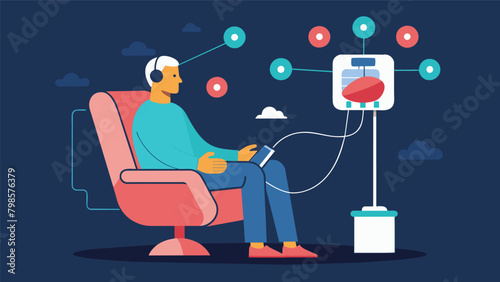 A person sitting in a recliner chair connected to a machine that delivers electrical signals to their brain to enhance moral decision making during an.