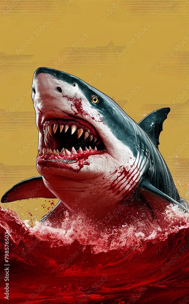 Obraz premium Powerful Great White Shark Emerging from the Depths