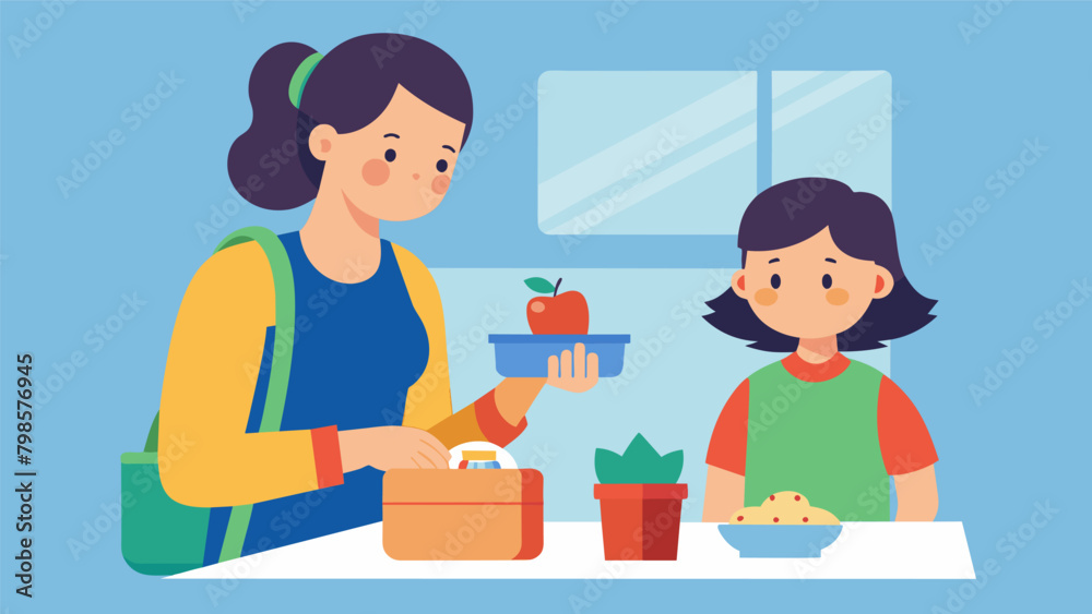 A parent and child creating a meal plan for packed lunches aiming to save money by avoiding buying school lunches. A parent and child creating a meal plan for packed lunches aiming to save money by avoiding buying school lunches.