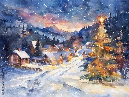 Watercolor painting artwork of a snowy in village and Christmas tree