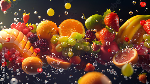 Healthy Bright fruits arranged in a dynamic  energetic composition.