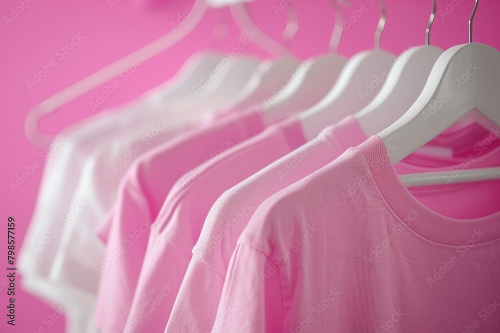 The close view of pink and white T-Shirts hanging - obrazy, fototapety, plakaty 