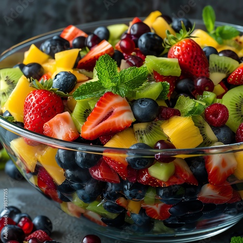 Wallpaper Mural Colorful fruit salad in a large glass bowl, filled with freshly cut strawberries, kiwi, and blueberries, with a mint garnish. Torontodigital.ca