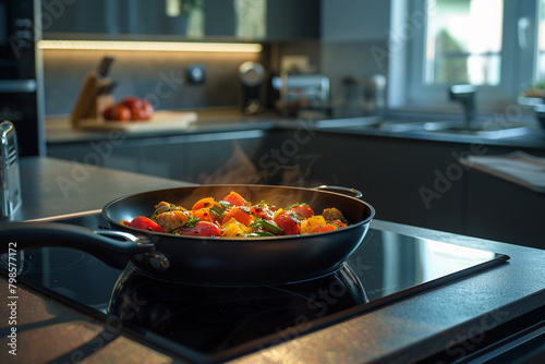 A contemporary induction cooktop with touch-sensitive controls heating up a gourmet meal in a sleek pot.