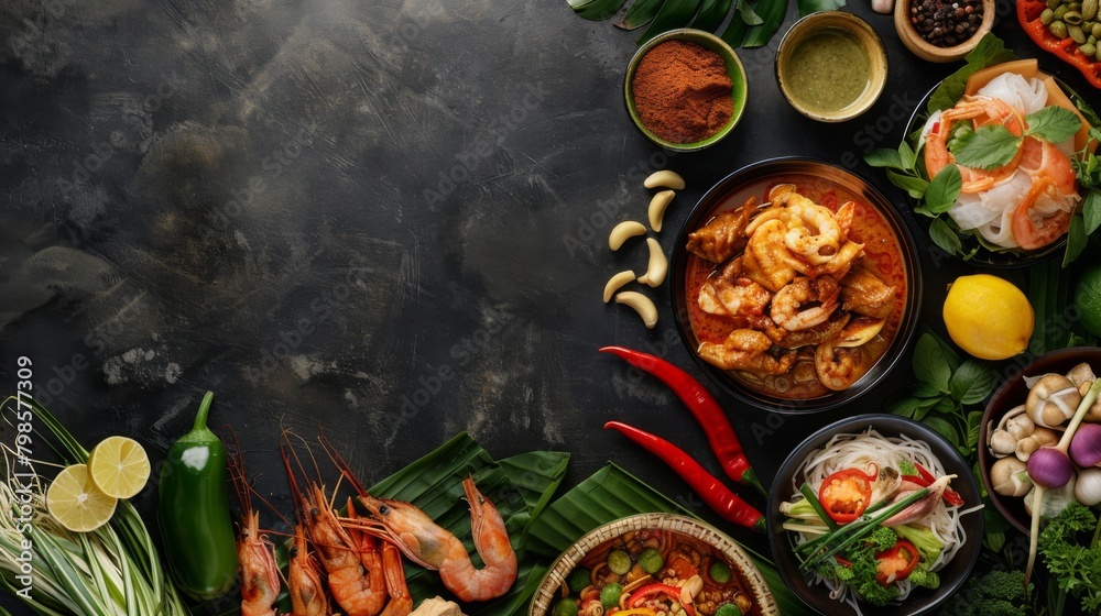 Traditional Thai food on dark background. Oriental food concept. Top view, flat lay, panorama Traditional Thai food on dark background. Oriental food concept. Top view, flat lay, panorama
