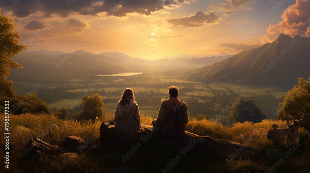 Man and woman worship together in nature, celebrating their faith in God, love. strengthened by faith and hope, pray, guided by their religious beliefs and united in their journey towards God.