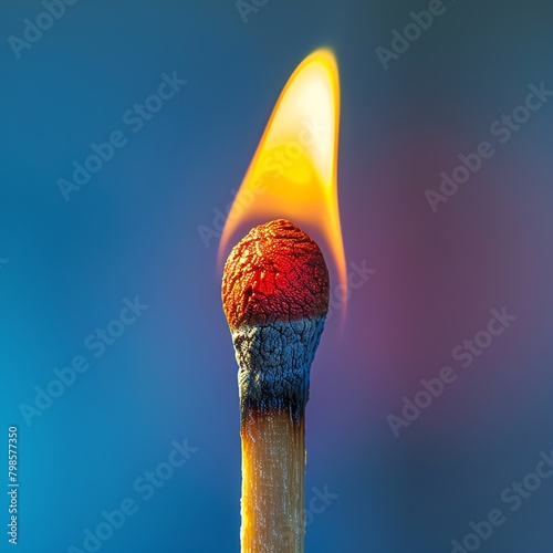 Detailed close-up of a lit matchstick, with a blue background, highlighting the texture and vibrant flame. photo
