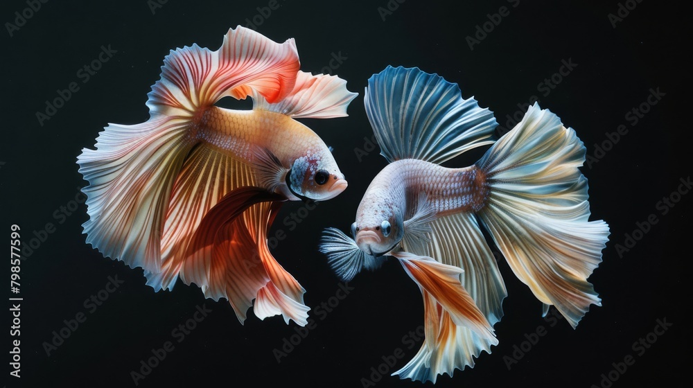 Two Betta fish engaged in a graceful dance, their colorful fins trailing behind them as they swim elegantly through the water.