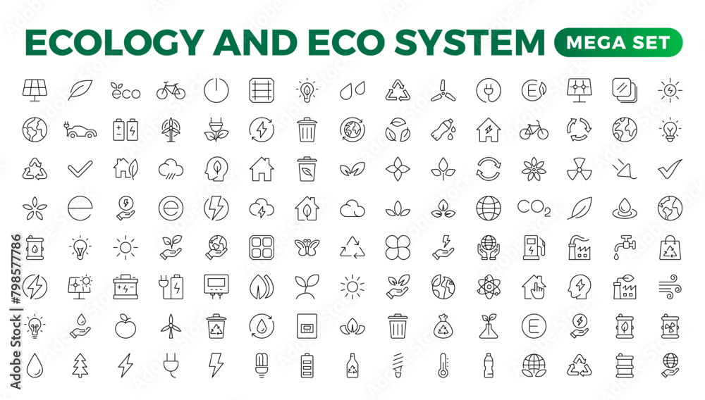 Ecology icon set. Ecofriendly icon, nature icons set. Linear ecology icons. Environmental sustainability simple symbol. Simple Set of  Line Icons.Global Warming, Forests, Organic Farming.