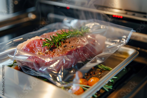 A contemporary sous vide machine cooking a tender steak to perfection in a vacuum-sealed bag.