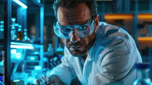 The picture of the forensic or genetic scientist concentrated in working inside the laboratory about chemistry and biology that analyze the evidence from the crime scene and the investigation. AIG43.
