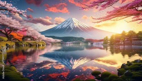 Realistic style, A stunning sunset over Mount Fuji, with the iconic mountain reflected in a serene lake. The image captures the awe-inspiring beauty of Japan's natural landscapes.