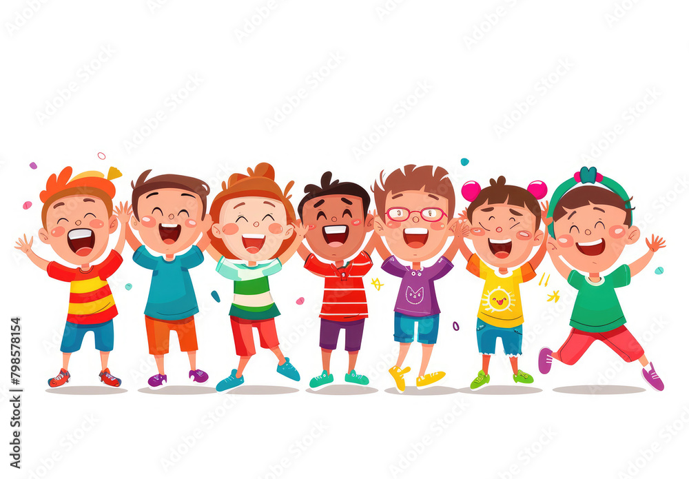 Cartoon children's illustration of a happy group of kids smiling and laughing together against a white background.