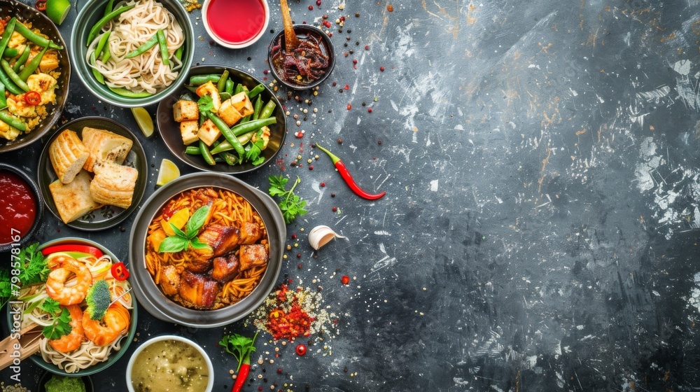 Various of asian meals on rustic background , top view , place for text. Asian food concept. Various of asian meals on rustic background , top view , place for text. Asian food concept.