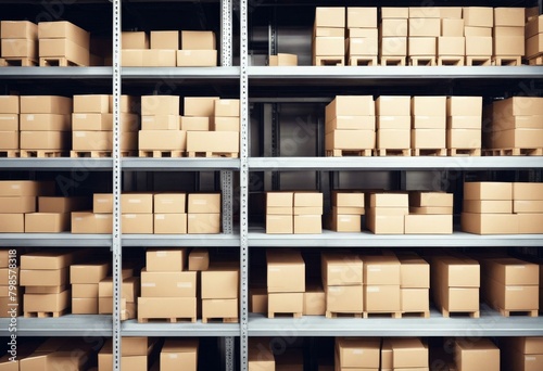 'rows warehouse boxes shelves box stock storage store industry stribution storehouse shelf good business interior auto package forklift pallet row commercial retail cardboard' photo