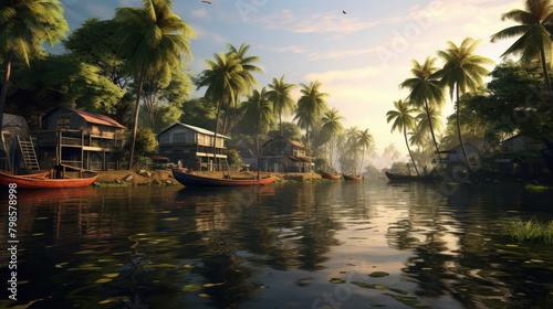 House boat in backwaters near palms © Neha