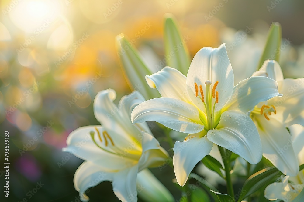 Fototapeta premium A close-up of elegant Easter lilies, their pure white petals and yellow anthers in sharp focus against a soft, blurred background of a sunrise service, symbolizing renewal and purity