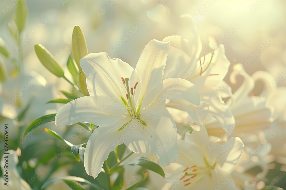 A close-up of elegant white lilies, delicate petals, and a subtle fragrance in the air, set against a soft-focus background of a wedding venue A close-up of elegant white lilies, delicate petals, and a subtle fragrance in the air, set against a soft-focus background of a wedding venue