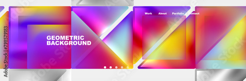 An artistic display of colorfulness with electric blue triangles and magenta rectangles on a violet background, all enclosed by a silver border. A modern art piece with a touch of geometry