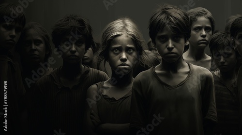 Stirring visual of children with gaunt faces and pleading eyes, conveying the desperate plight of those suffering from hunger and deprivation. photo