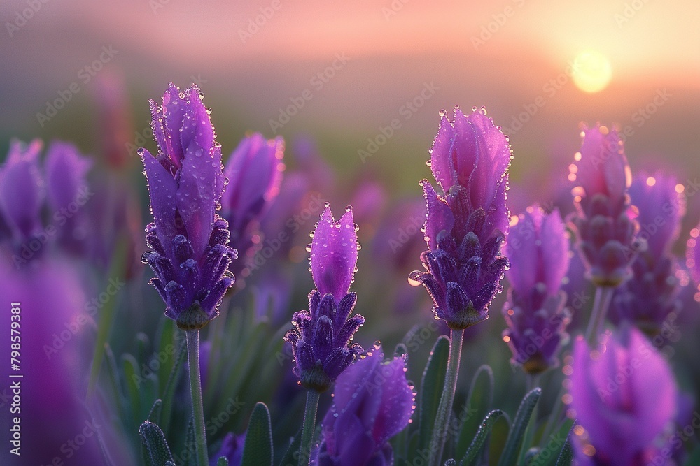 A close-up of vibrant purple lavender flowers, dew-covered in the early morning light, amidst a sprawling lavender field at sunrise
