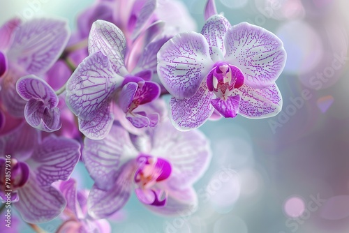 A close-up of Phalaenopsis orchids  vibrant purple and white petals  nestled in a serene spa setting. Soft  diffused lighting highlights the delicate textures of the petals