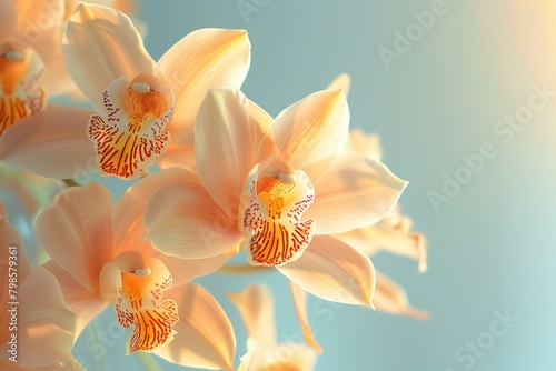 A close-up of vibrant Cymbidium orchids, their delicate petals glowing with a soft light, set against a luxurious spa background © stardadw007