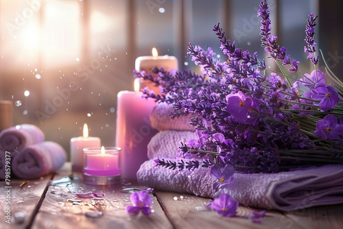 A close-up of vibrant purple lavender flowers, dew-kissed and sunlit, arranged on a rustic wooden table surrounded by spa essentials like candles, oils, and soft towels photo