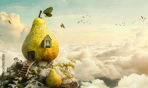 Fantasy House made from Giant fruit, on a mountain and a lot of clouds around, lovely house, fantasy background  