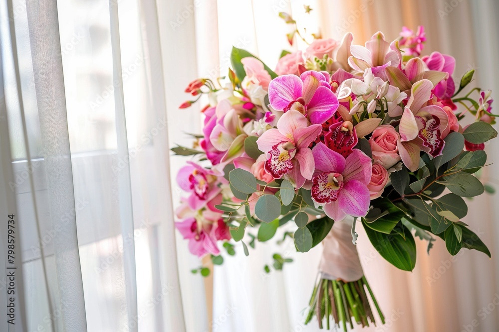A lavish bridal bouquet featuring opulent Cattleya orchids, in a mix of soft pinks and bold fuchsias, against a minimalist, high-end bridal suite background