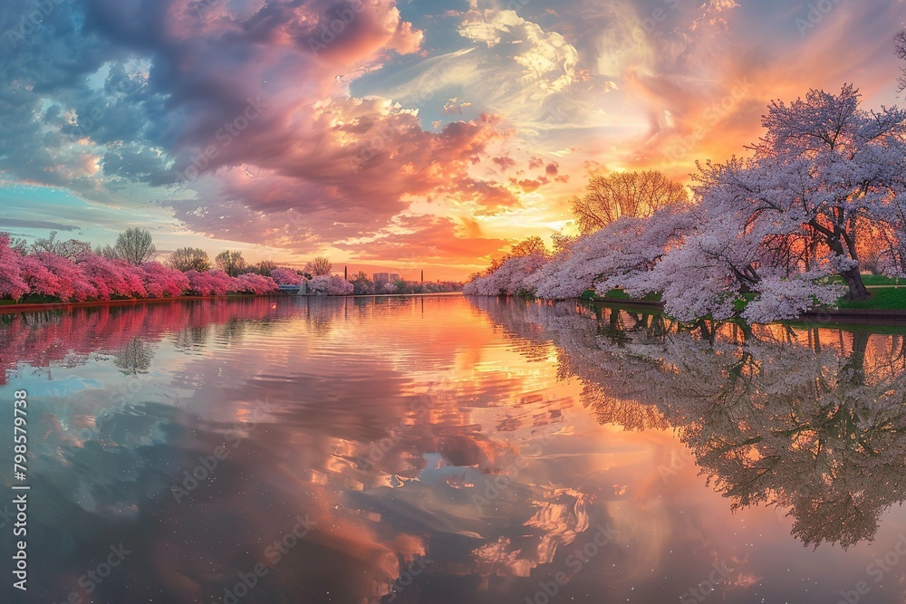 A landscape of a cherry blossom grove, full bloom, pink and white blossoms contrasted with the golden hues of sunset